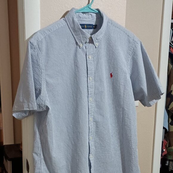 Ralph Lauren Men's Short Sleeve Button Down Shirt Size XL Blue White Pinstripe - Picture 2 of 11